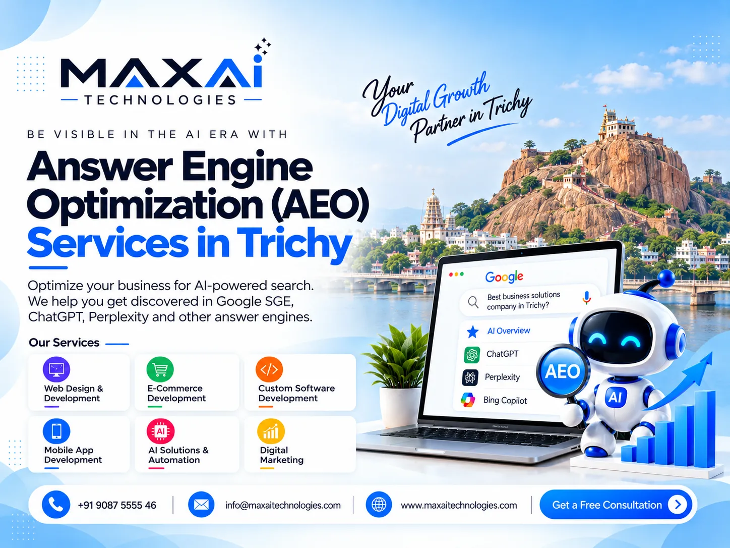 Answer Engine Optimization (AEO) Services in Trichy banner from MaxAi Technologies, showing a Google AI Overview with ChatGPT, Perplexity and Bing Copilot, with Rockfort in the background
