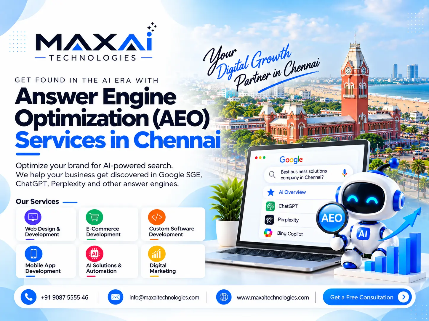 Answer Engine Optimization (AEO) Services in Chennai banner: a search screen showing AI Overview, ChatGPT and Perplexity, with Chennai Central station behind