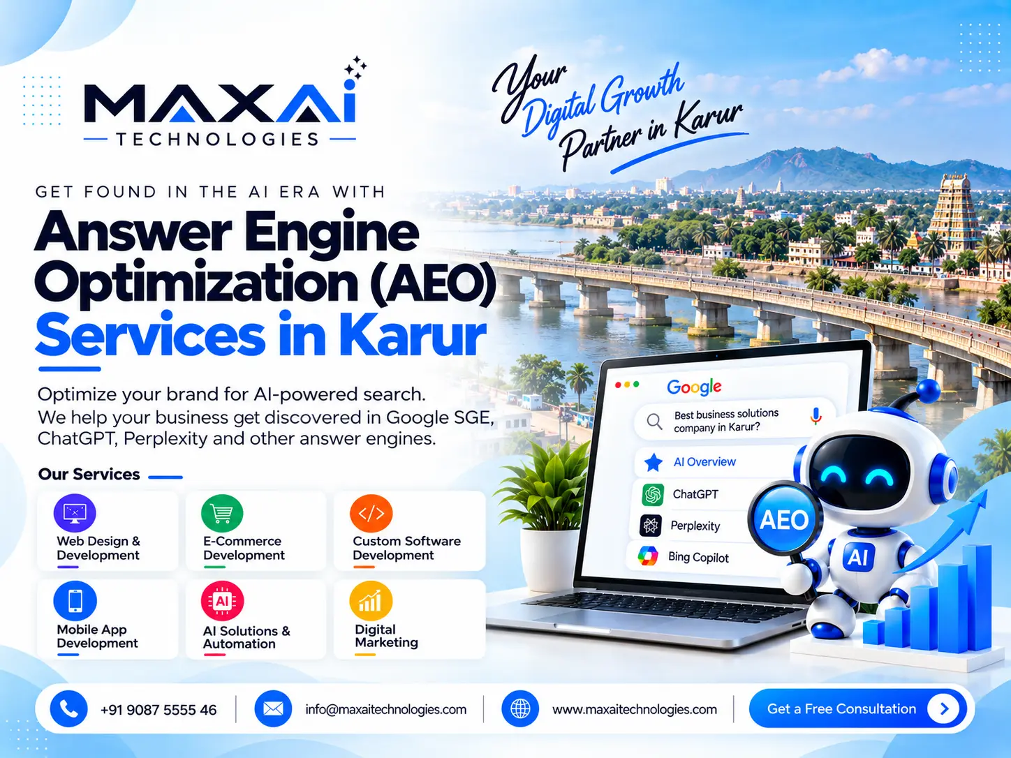 Answer Engine Optimization (AEO) Services in Karur banner: a Google AI Overview search on a laptop with an AI robot, and a river bridge and temple gopuram behind
