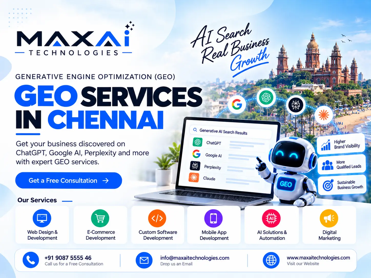 Generative Engine Optimization (GEO) Services in Chennai banner: AI search results from ChatGPT, Google AI, Perplexity and Claude on a laptop, with a Chennai heritage building behind
