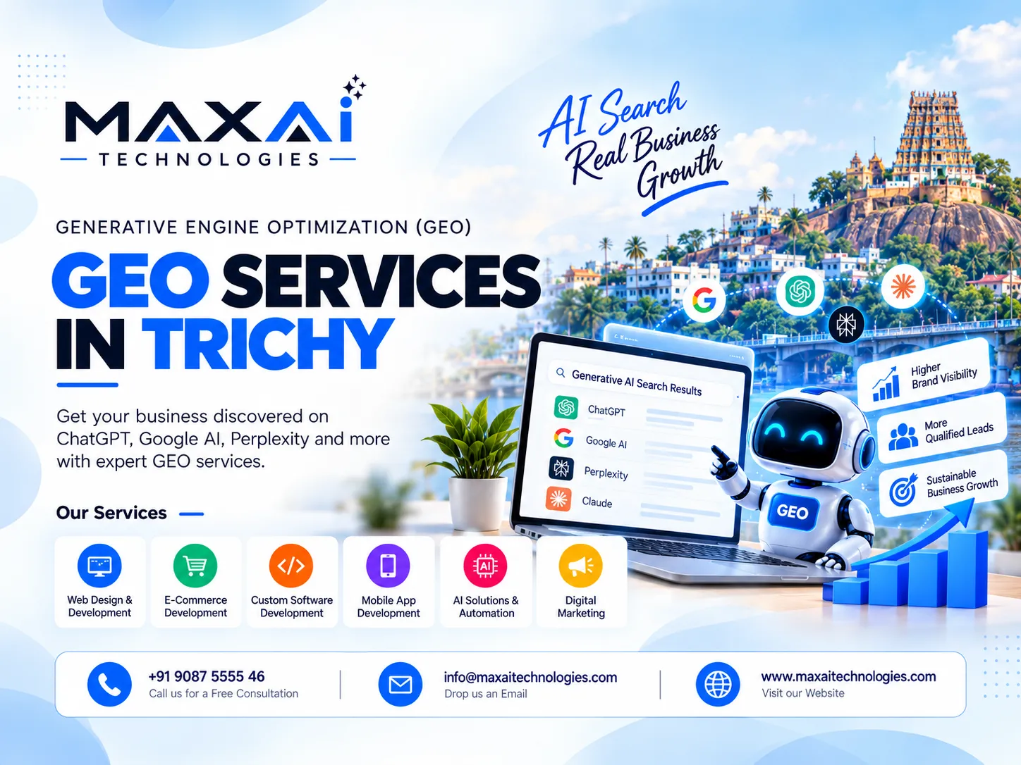 Generative Engine Optimization (GEO) Services in Trichy banner from MaxAi Technologies, showing AI search results from ChatGPT, Google AI, Perplexity and Claude, with a Trichy temple in the background