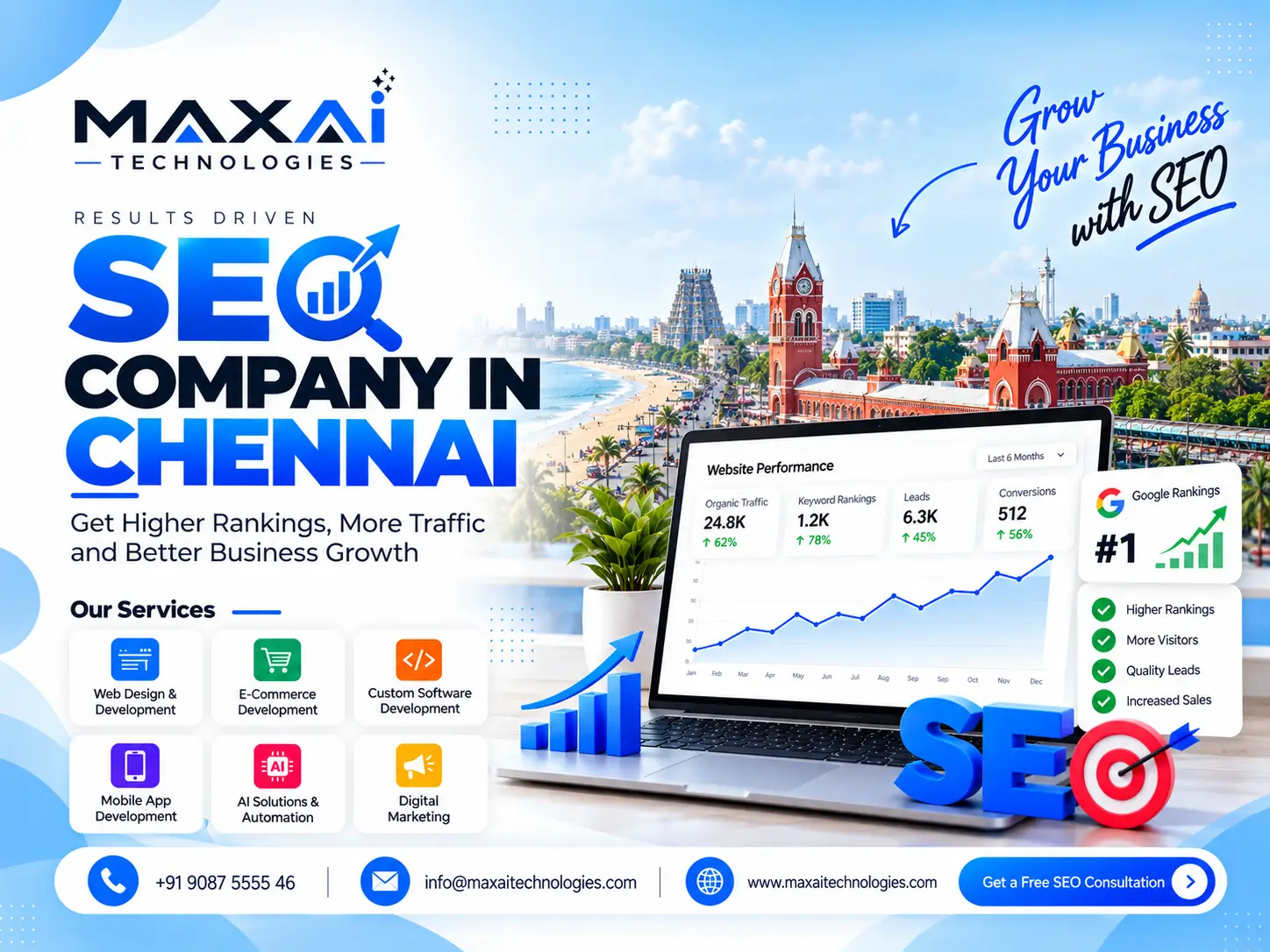 SEO Company in Chennai banner: an SEO performance dashboard on a laptop, with Chennai Central station and the Marina coastline behind