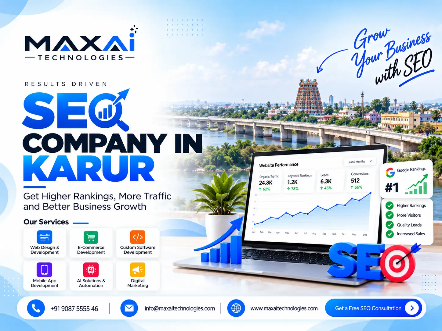 SEO Company in Karur banner: a website performance dashboard on a laptop, with a river bridge and a temple gopuram behind