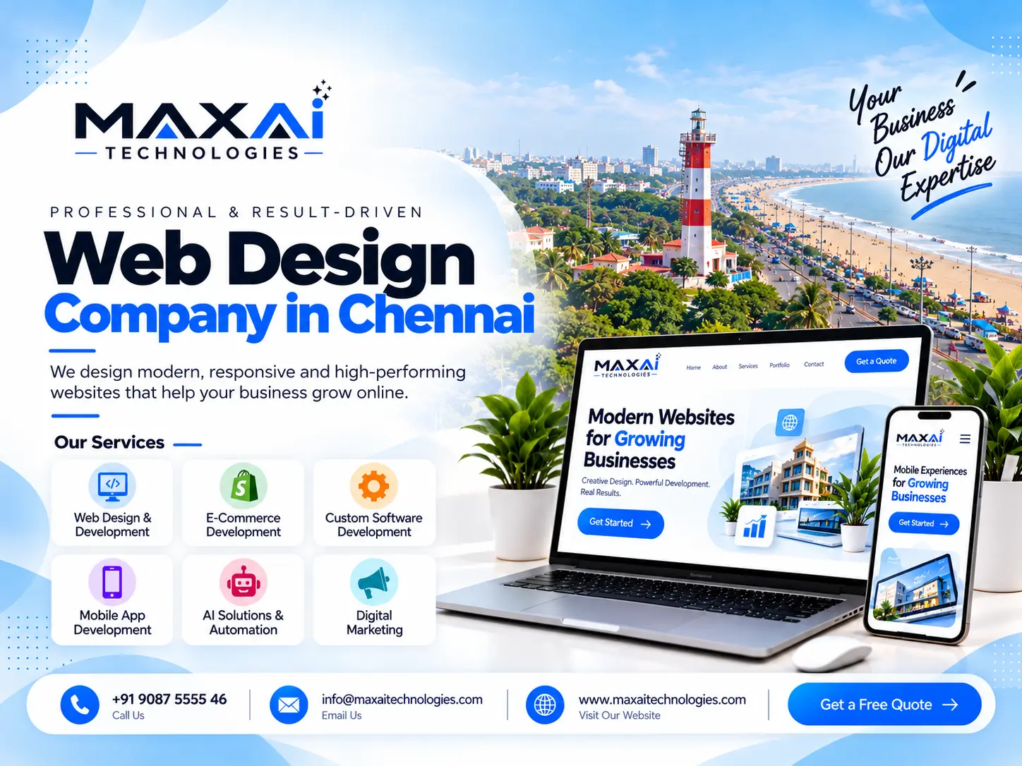 Web Design Company in Chennai banner: a business website on a laptop and phone, with the Marina Beach lighthouse and coastline behind