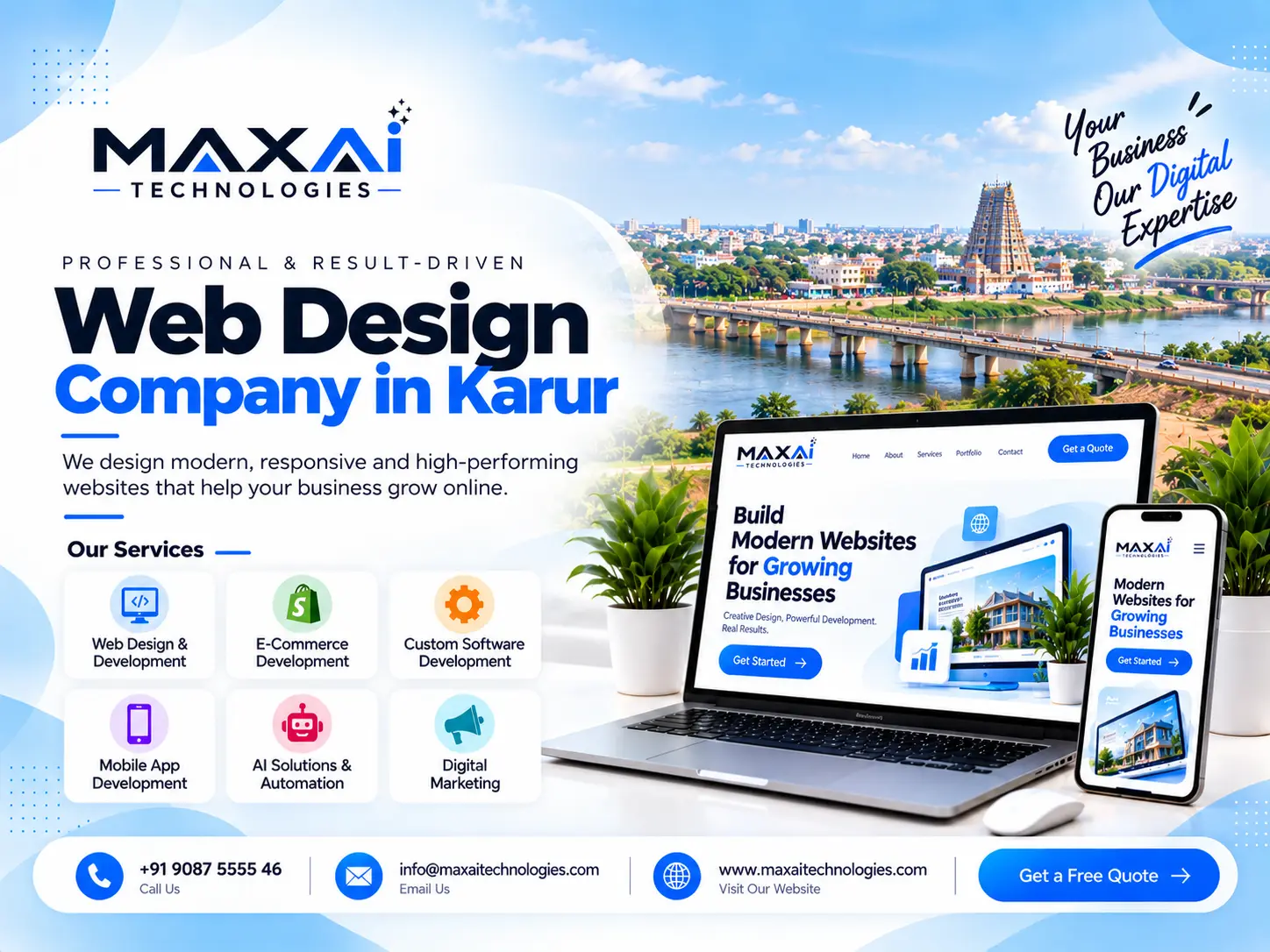 Web Design Company in Karur banner: a business website on a laptop and phone, with a river bridge and a temple gopuram behind