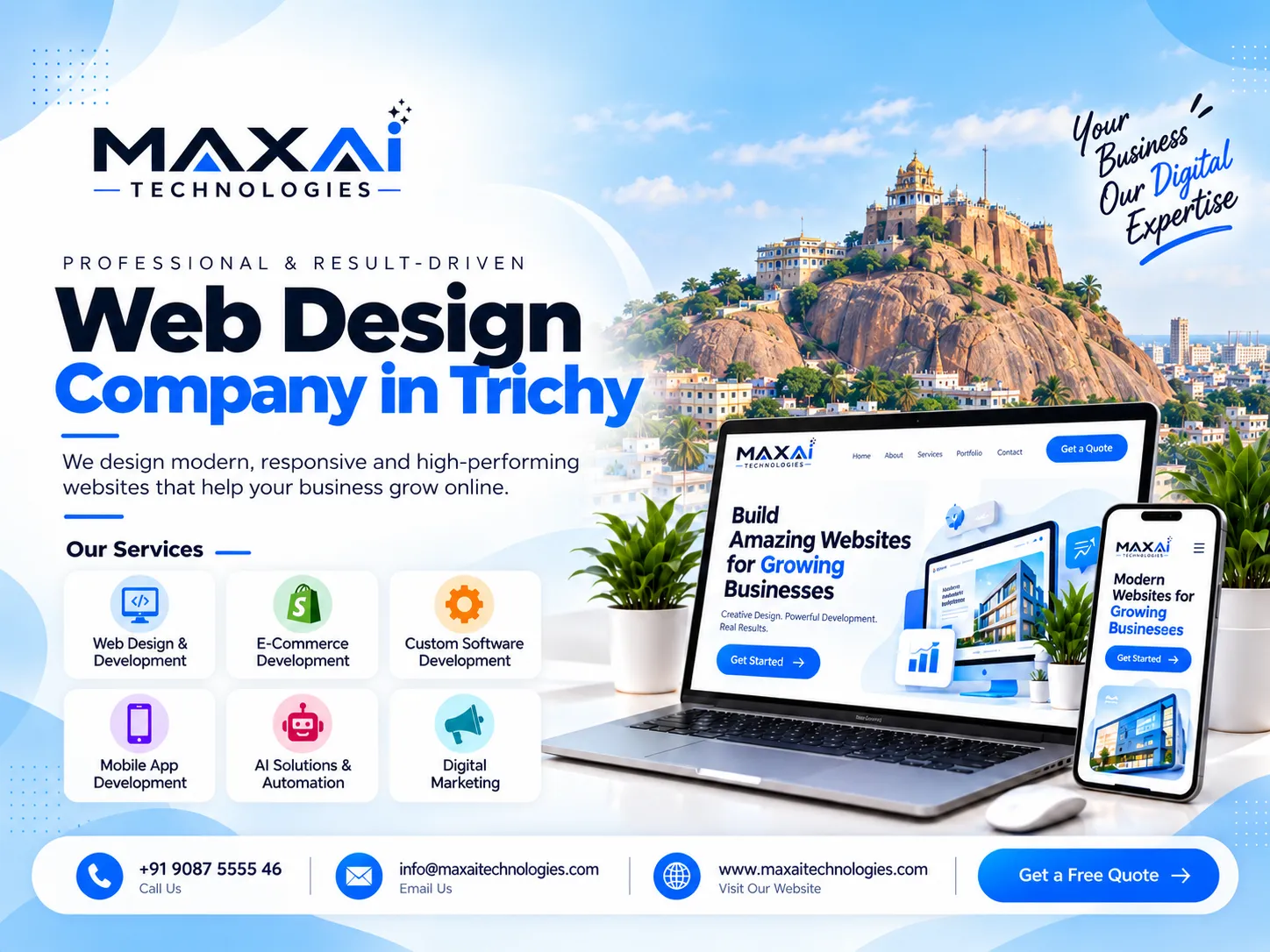 MaxAi Technologies web design in Trichy: a business website shown on a laptop and phone, with Rockfort in the background